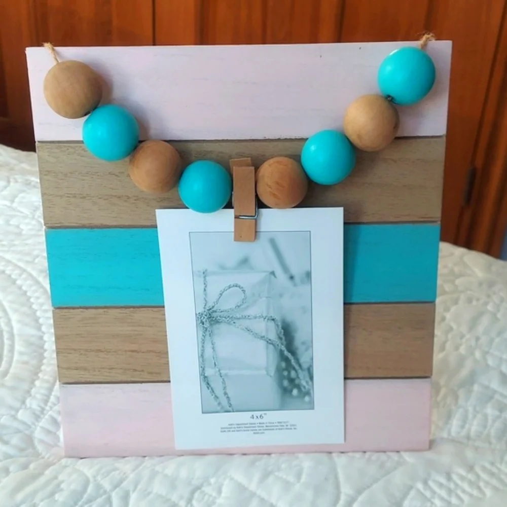 * Hobby Lobby Turquoise, Natural Wood & Pale Pink Striped Photo Frame, Like New